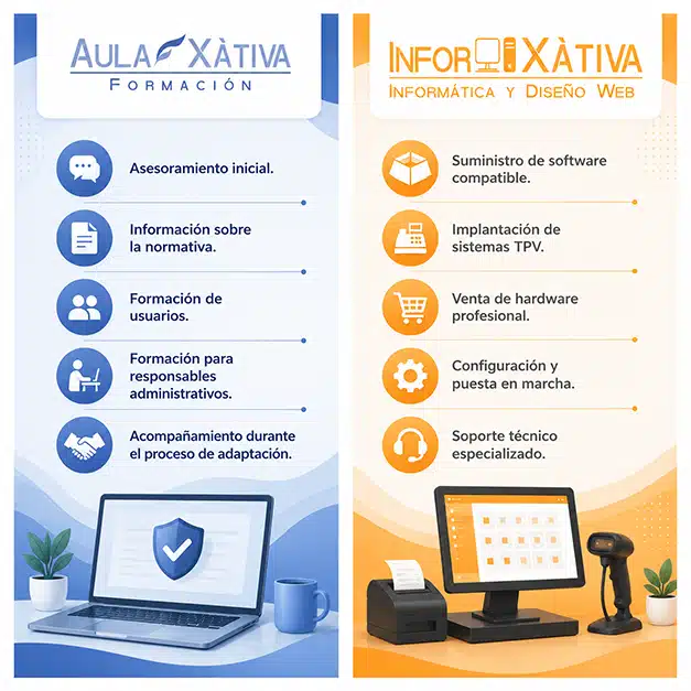 En Aula Xàtiva e Infor Xàtiva te ayudamos a adaptar tu negocio a Verifactu con una solución completa: software de facturación, TPV, hardware, formación, implantación y soporte técnico. Solicita información sin compromiso.