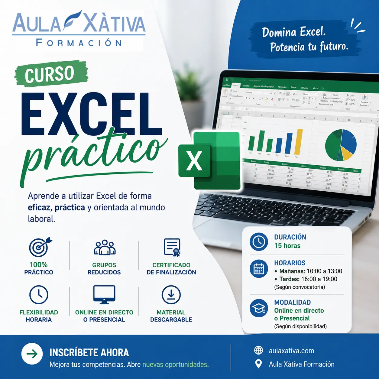 Curso de Excel en Xàtiva. Aula Xàtiva Formación. Aprende Excel desde cero con nuestro curso de Excel en Xàtiva, disponible en modalidad presencial y online. ¡Bonificable hasta el 100%!